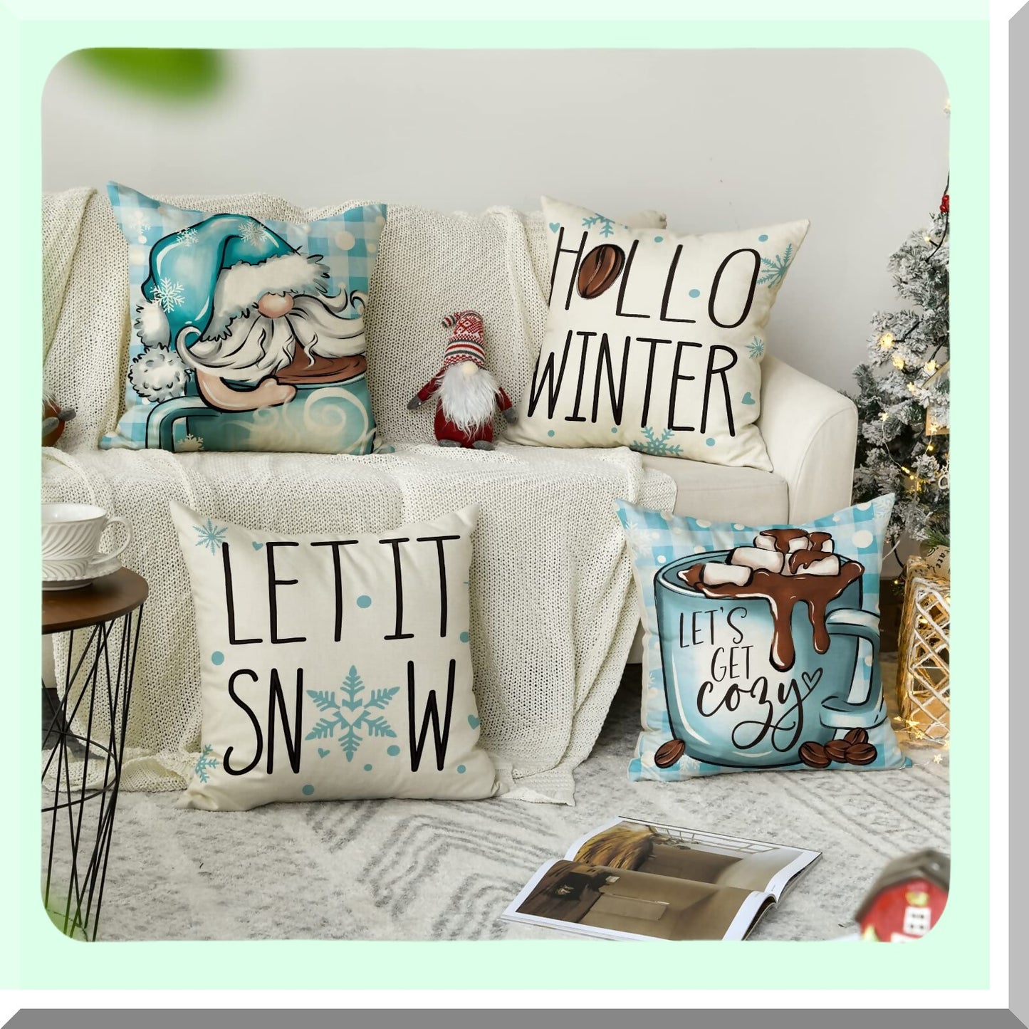 Winter Cozy Gnome Hot Chocolate Throw Pillow Covers - Let It Snow Holiday Cushion Case Set - Sofa Couch Decoration 18x18 Inch - Colorlife Collection