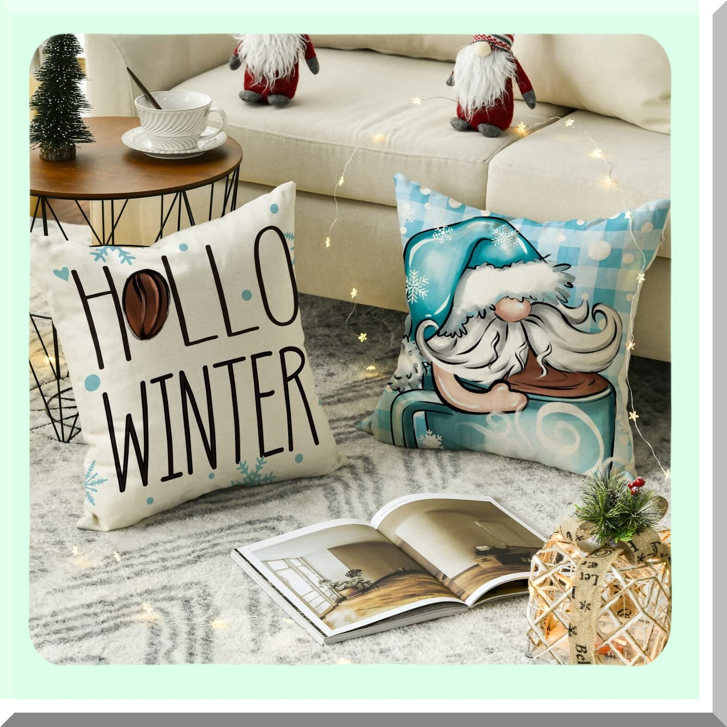 Winter Cozy Gnome Hot Chocolate Throw Pillow Covers - Let It Snow Holiday Cushion Case Set - Sofa Couch Decoration 18x18 Inch - Colorlife Collection