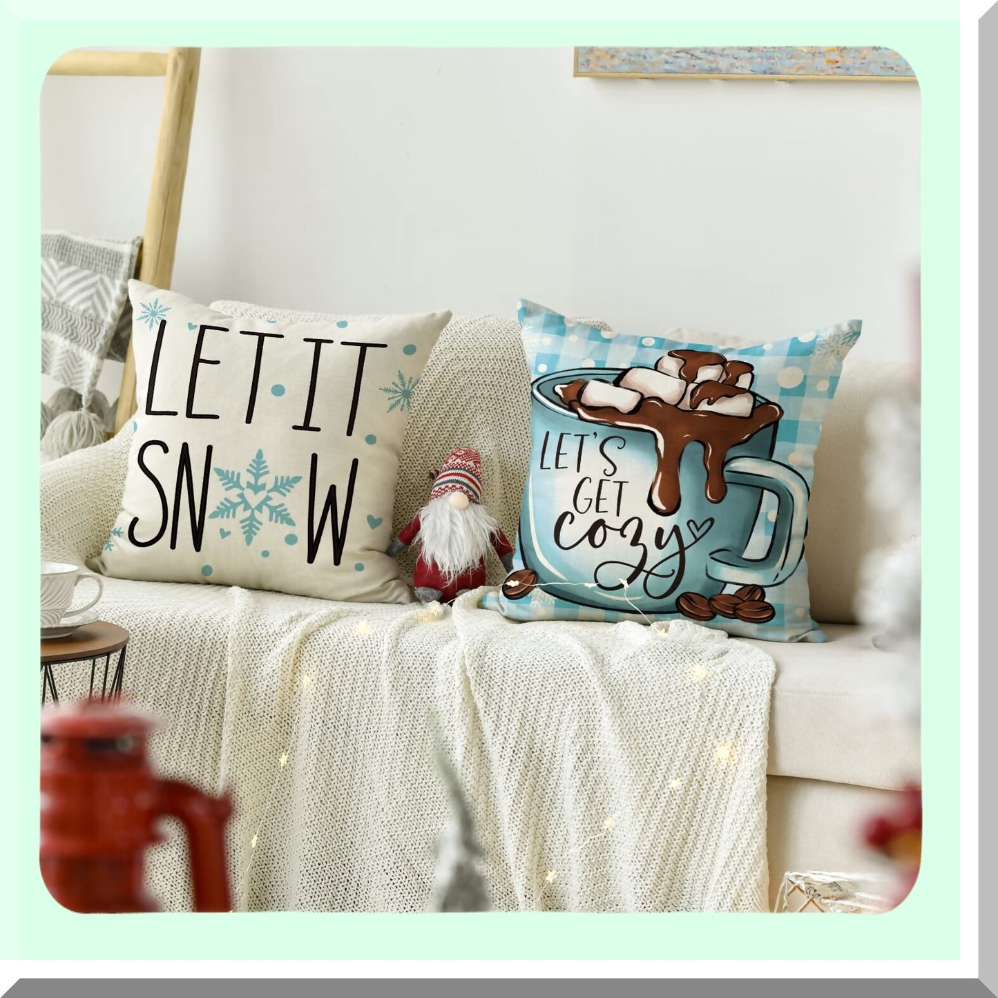 Winter Cozy Gnome Hot Chocolate Throw Pillow Covers - Let It Snow Holiday Cushion Case Set - Sofa Couch Decoration 18x18 Inch - Colorlife Collection