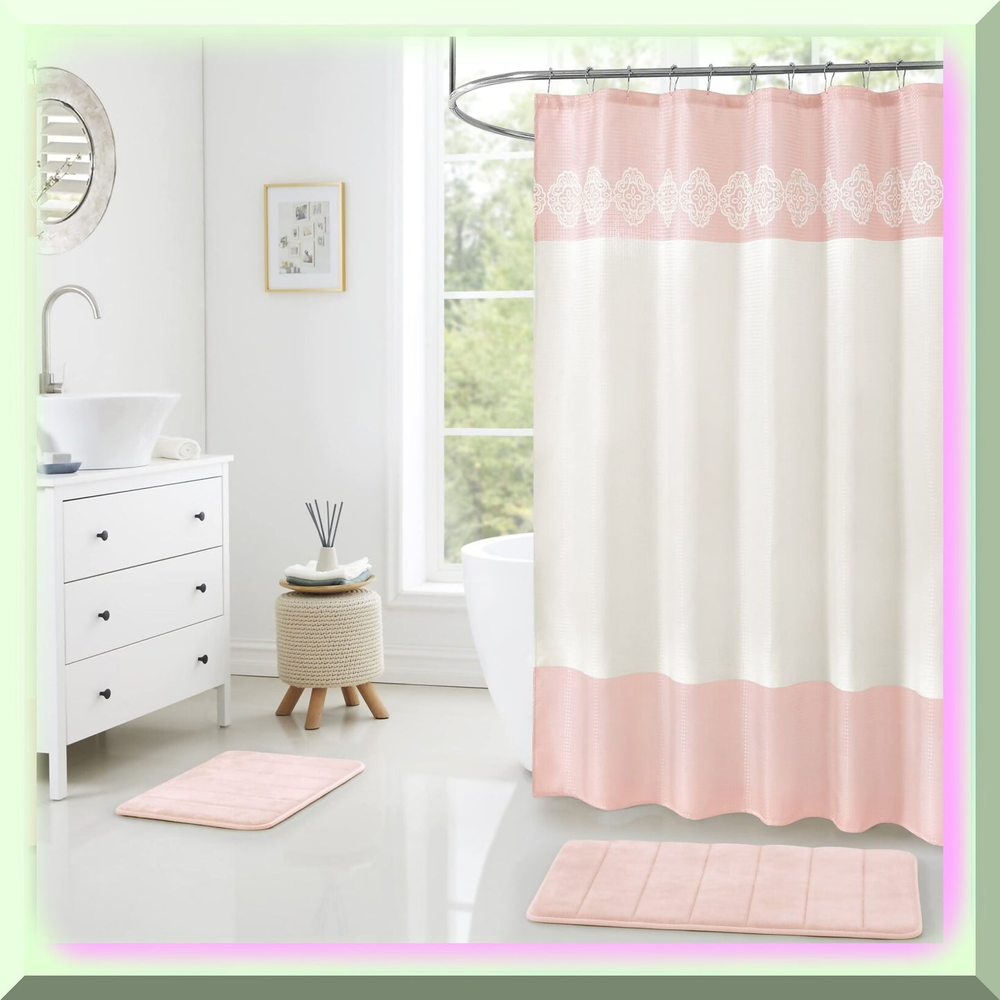 15 Piece Bathroom Shower Curtain Set with Memory Foam Rugs