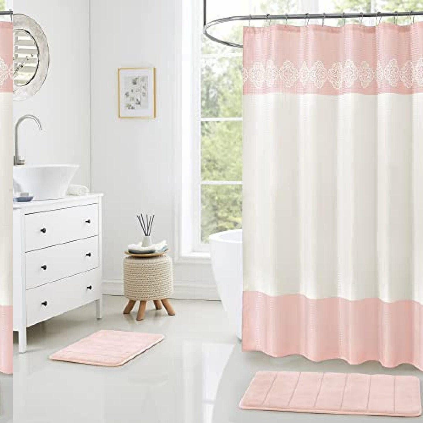 15 Piece Bathroom Shower Curtain Set with Memory Foam Rugs