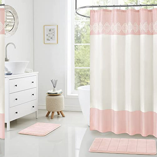15 Piece Bathroom Shower Curtain Set with Memory Foam Rugs
