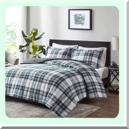 Black Diamond Plaid Comforter Set - Hypoallergenic All Season Bedding with 3M Scotchguard Stain Release Cover and Matching Sham - California King Size
