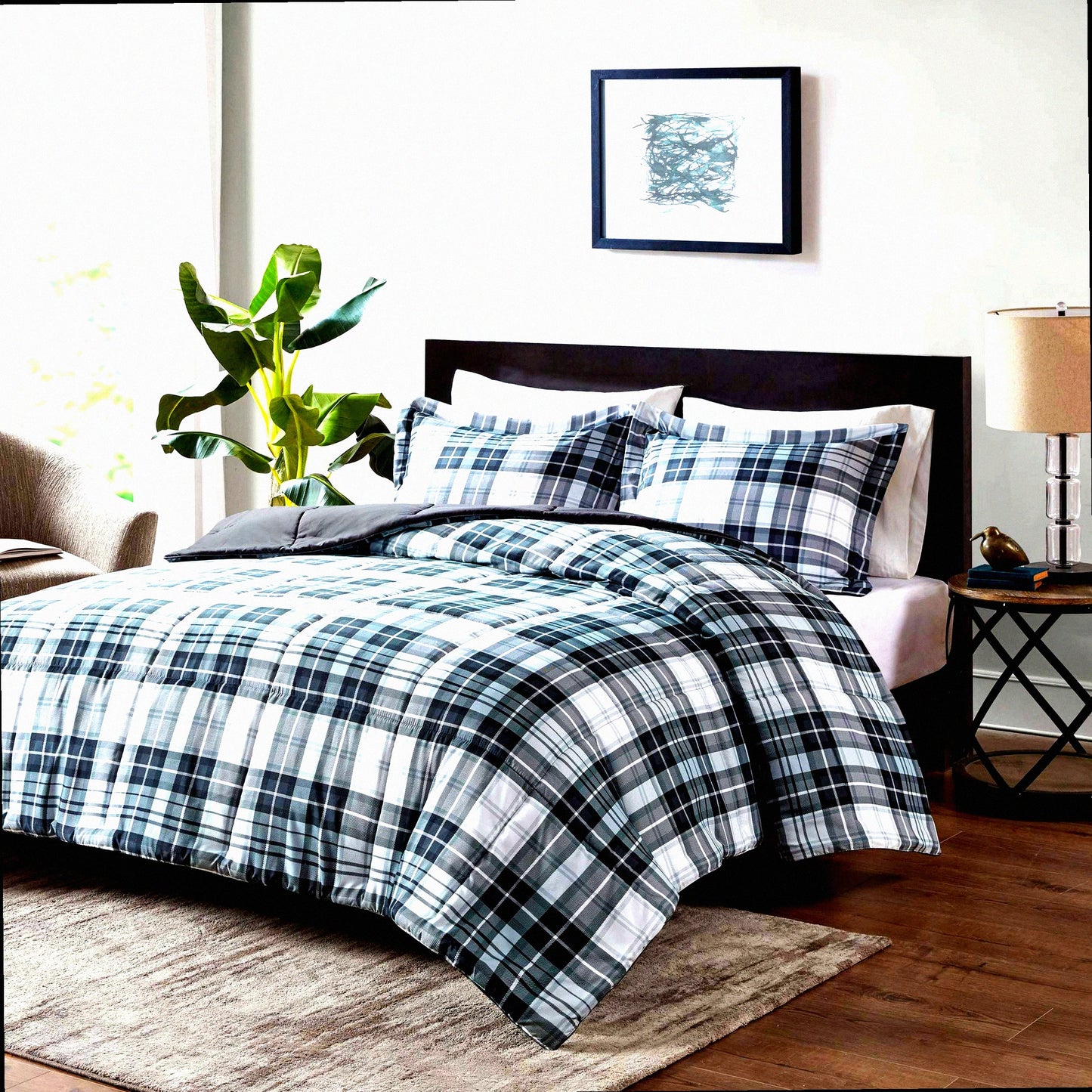 Black Diamond Plaid Comforter Set - Hypoallergenic All Season Bedding with 3M Scotchguard Stain Release Cover and Matching Sham - California King Size