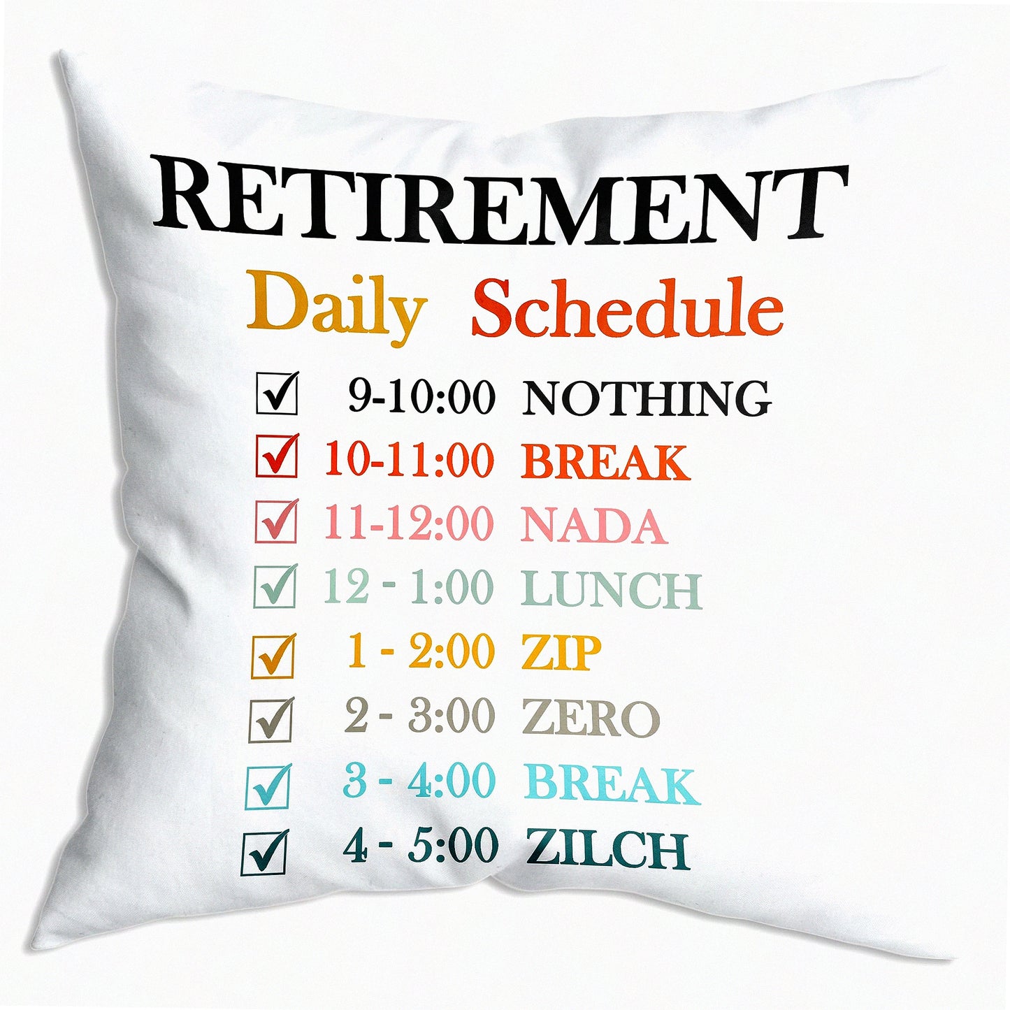 Colorful Retirement Bliss Throw Pillow Cover - Funny Schedule Word Decor for Sofa Couch Bed 18x18 inch - Soft Cushion Case for Men Women Dad Mom - Unique Office Family Gift
