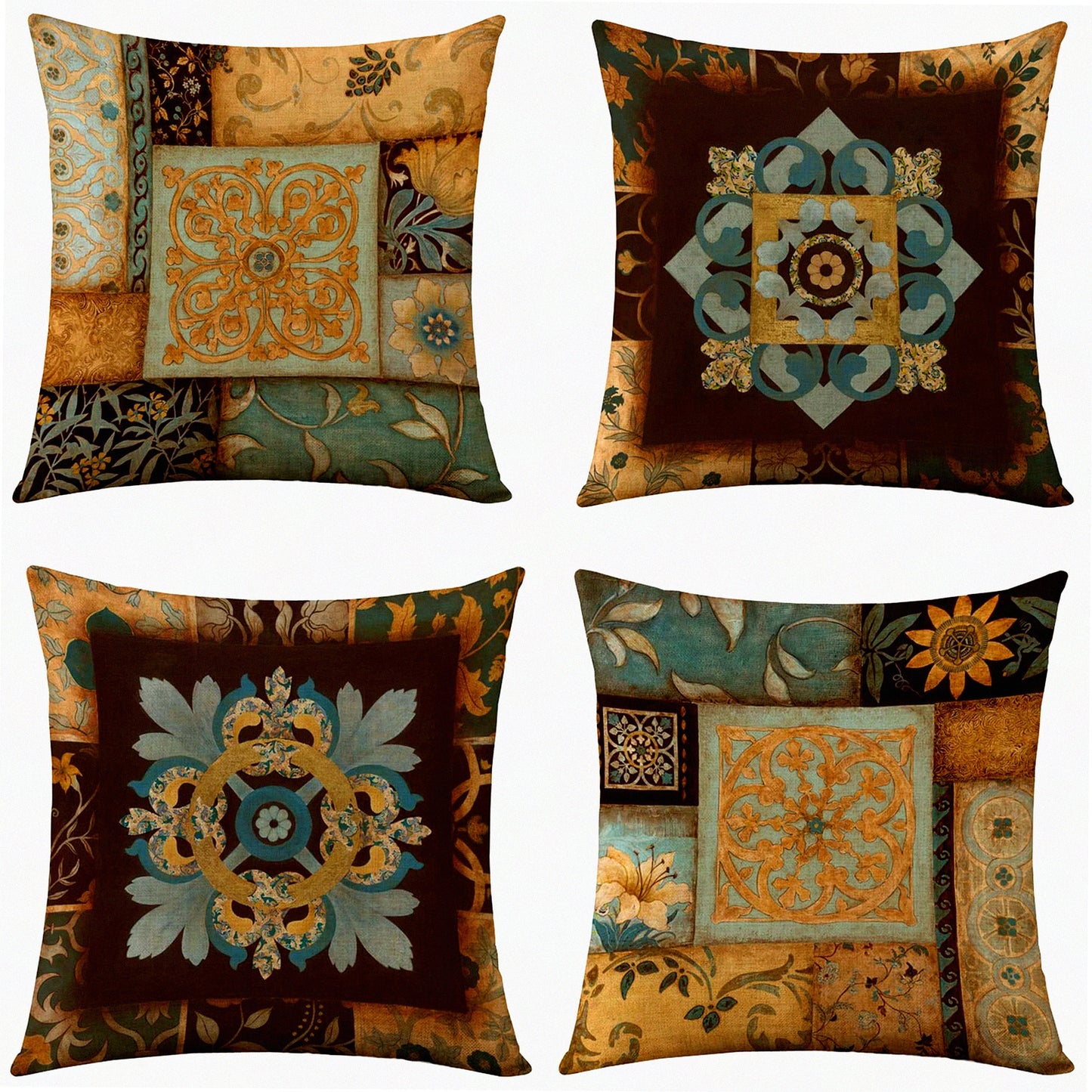 Boho Chic Burlap Pillow Cover Set - Decorative Cushion Cases for Couch, Bed, Sofa - 18x18 Inch Toss Pillow Covers in Brown - Set of 4