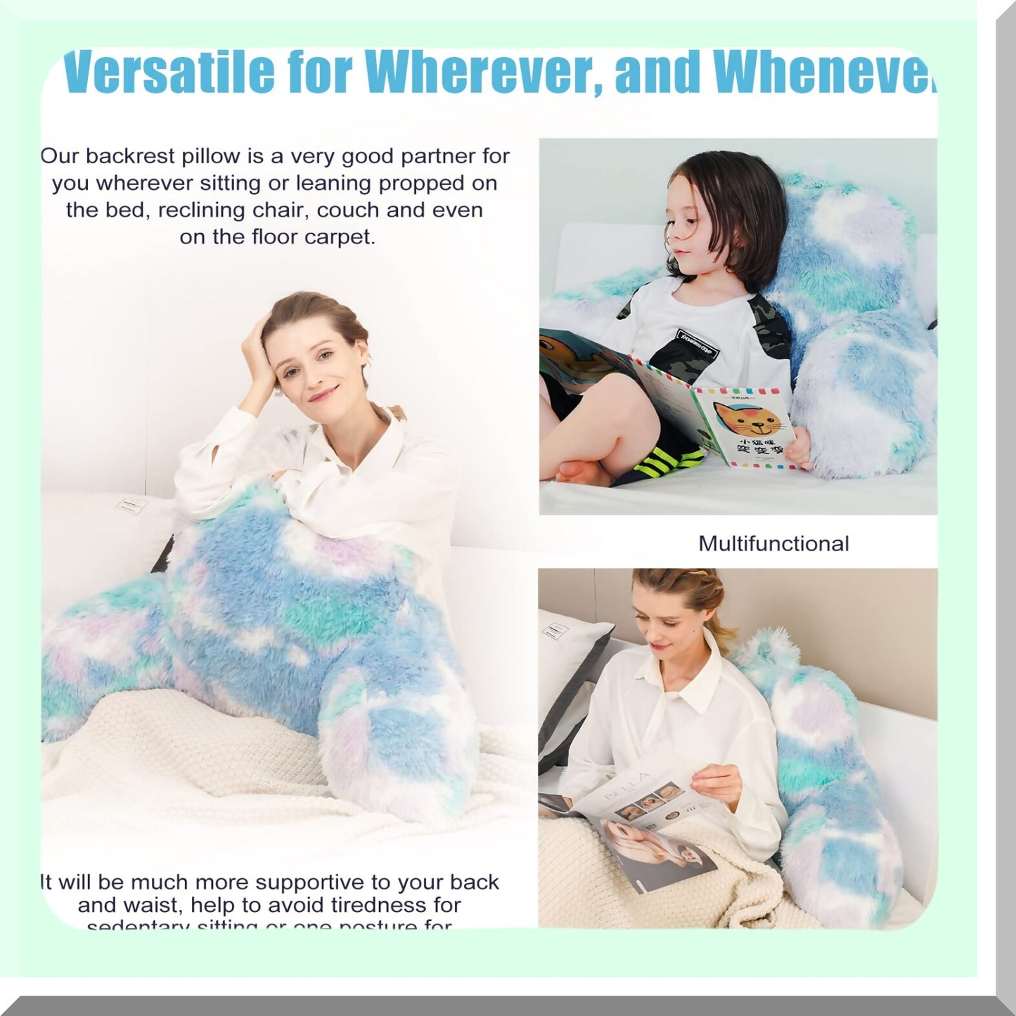 CozyRest Backrest Pillow - Plush Reading Pillow with Arms for Adults, Teens, and Kids - Ergonomic Sit Up Pillow for Bed - Perfect Xmas Gift for Students - Extra Fluffy Supportive Study Pillow