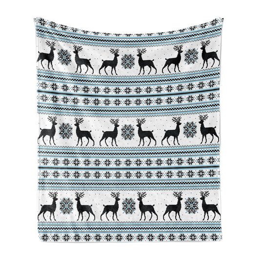 Nordic Throw Blanket, Chevron Zigzags Winter Floral Arrangement Norwegian Reindeer Snow Pattern, Flannel Fleece Accent Piece Soft Couch Cover for Adults, 60" x 80", Black White Sky Blue