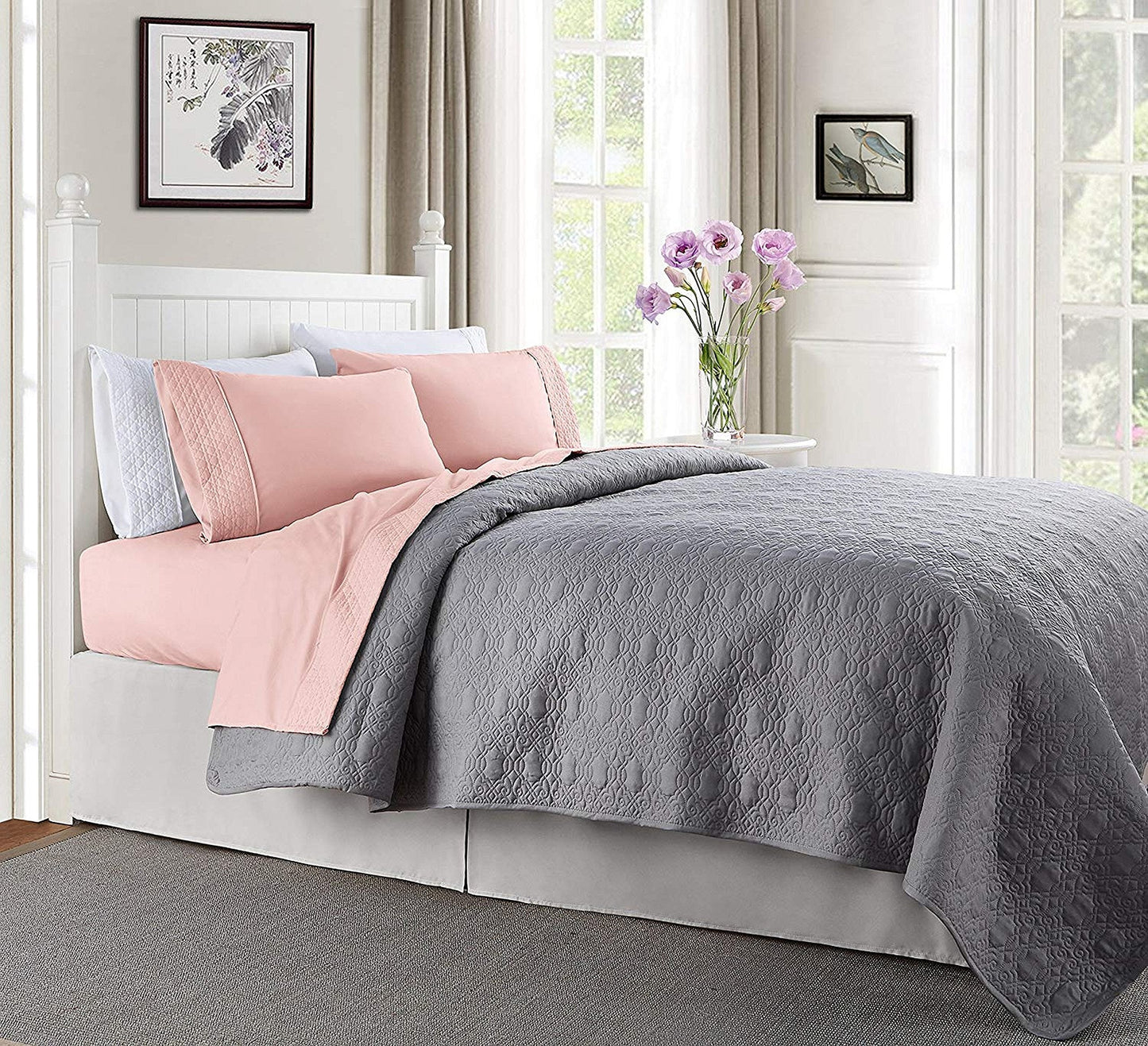 Best, Soft Coziest 4-Piece Bed Sheet Set! 1500 Thread Count Egyptian Quality  Quilted Design on Flat Sheet and Pillowcases  Wrinkle Free,