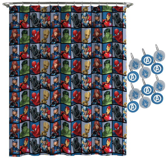 Marvel Avengers Team Shower Curtain  12-Piece Hook Set  Easy Use Official Marvel Product)