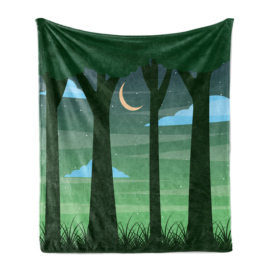 Garden Mist Throw Blanket, Dreamy Forest Trees at Night Sky with Crescent Moon Cloud and Stars, Flannel Fleece Accent Piece Soft Couch Cover for Adults, 50" x 70", Green Multicolor