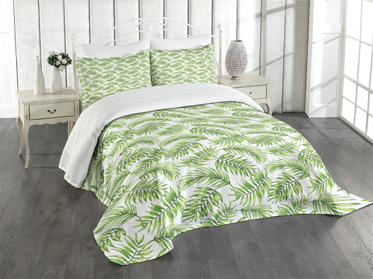 Palm Leaf Bedspread, Exotic Pattern with Tropical Leaves in Watercolor Art Style Jungle Luau H aii, Decorative Quilted 3 Piece Coverlet Set with 2 Pillow Shams, Queen Size, Pale Green