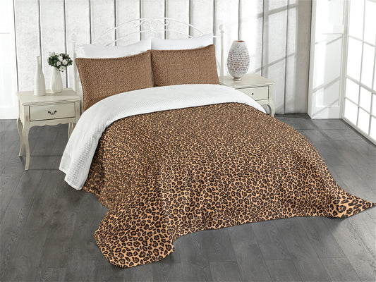 Leopard Print Bedspread, Pale Orange Background with Leopard Spots Illustration Exotic Fauna Pattern, Decorative Quilted 3 Piece Coverlet Set with 2 Pillow Shams, King Size, Orange Black