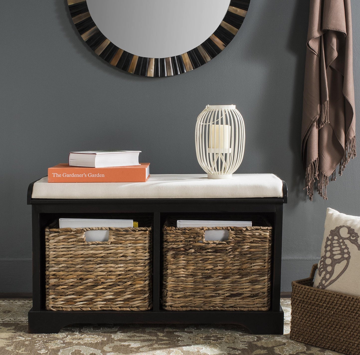 Home Freddy Vintage Grey  Wicker Basket 2-Dr er Storage Bench with Cushion Fully Assembled)