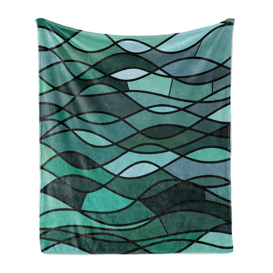Teal Soft Flannel Fleece Throw Blanket, Abstract Mosaic Waves Ocean Inspired Expressionist Pattern Marine Design Image, Cozy Plush for Indoor and Outdoor Use, 50" x 70", Green Aqua