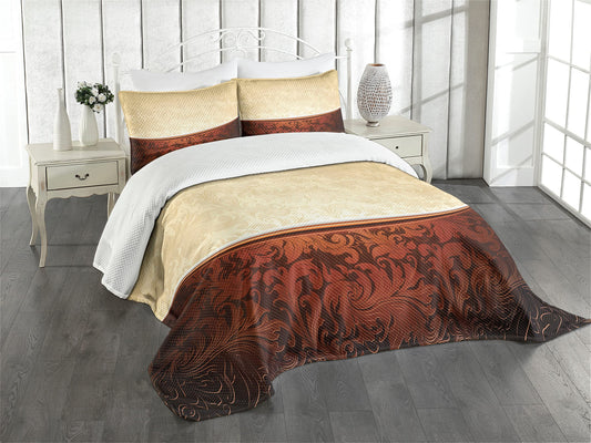 Chocolate Bedspread, Victorian Motifs in Bicolor Baroque Inspired Antique Arrangement Ornate Design, Decorative Quilted 2 Piece Coverlet Set with Pillow Sham, Twin Size, Beige Brown
