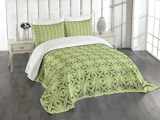 Mid Century Bedspread, Atomic Form Boomerang Details Dots and Crossed Lines, Decorative Quilted 3 Piece Coverlet Set with 2 Pillow Shams, Queen Size, Green Plum