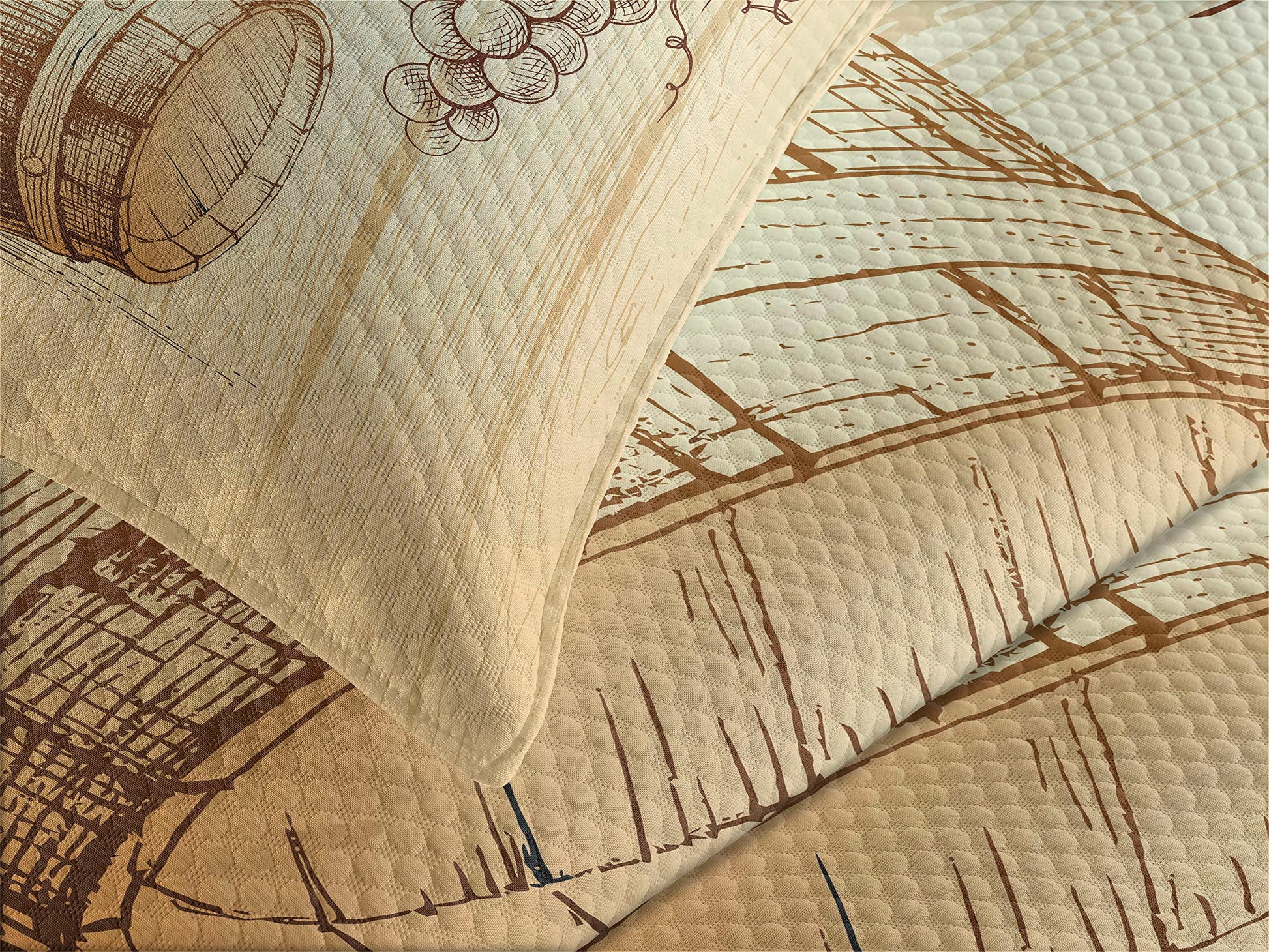 Wine Bedspread, Wooden Barrels and Bunch of Grapes on Wood Backdrop Botany Harvest Theme Artwork, Decorative Quilted 3 Piece Coverlet Set with 2 Pillow Shams, King Size, Brown Peach