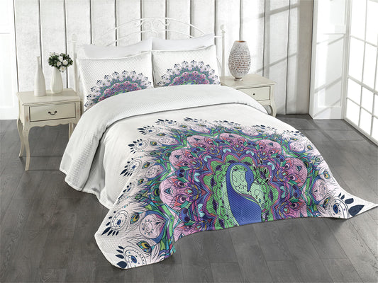 Peacock Bedspread, Peacock Illustration Exotic Wildlife Ornament Vintage Oriental, Decorative Quilted 3 Piece Coverlet Set with 2 Pillow Shams, Queen Size, Violet Blue