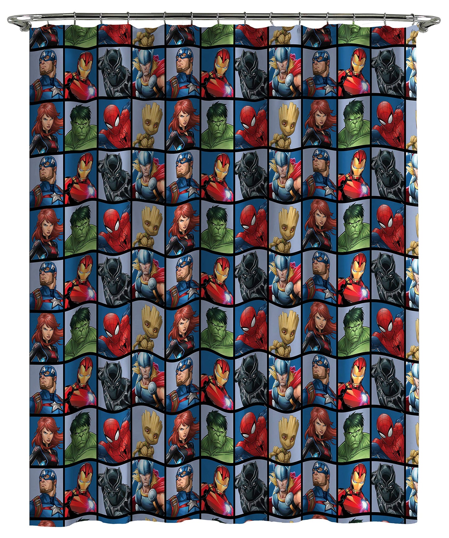 Marvel Avengers Team Shower Curtain  12-Piece Hook Set  Easy Use Official Marvel Product)