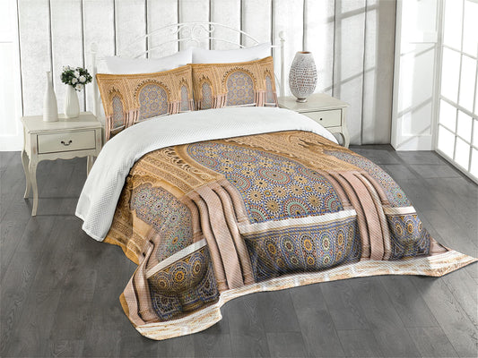 Moroccan Bedspread, Typical Moroccan Tiled Fountain in The City of Rabat Near Han Tower, Decorative Quilted 3 Piece Coverlet Set with 2 Pillow Shams, Queen Size, Brown Apricot