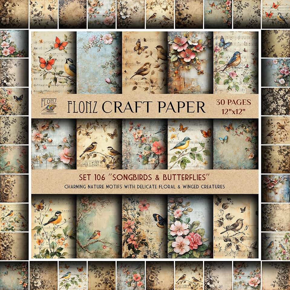 Scrapbook Paper with Songbirds and Butterflies Design