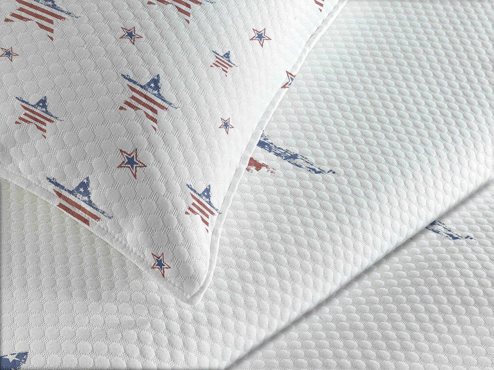 4th of July Bedspread, Scattered Stars with Flag Motifs Independence Day Theme, Decorative Quilted 3 Piece Coverlet Set with 2 Pillow Shams, Queen Size, Ruby Navy Blue White