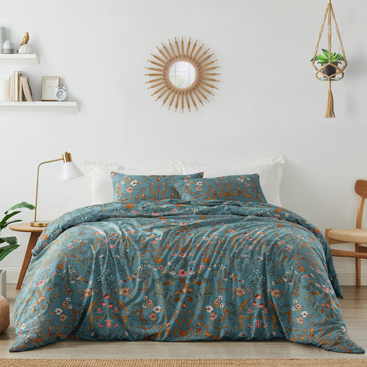 Boho Bohemian Farmhouse Teal Blue and Orange Wildflower Garden Floral Duvet Comforter Cover and Sham 3 pc King Bed Bedding Set Bedroom Flower Botanical Cottagecore Patterned Vintage