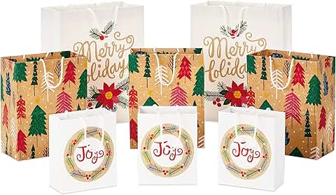 Set of 8 Recyclable Kraft Holiday Gift Bags