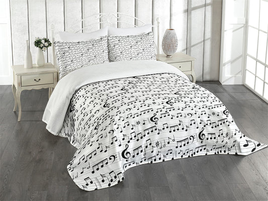 Music Bedspread, Abstract Style Professional Music Pattern with Notes and Clef Sheet Play Writing, Decorative Quilted 2 Piece Coverlet Set with Pillow Sham, Twin Size, White Dark Grey