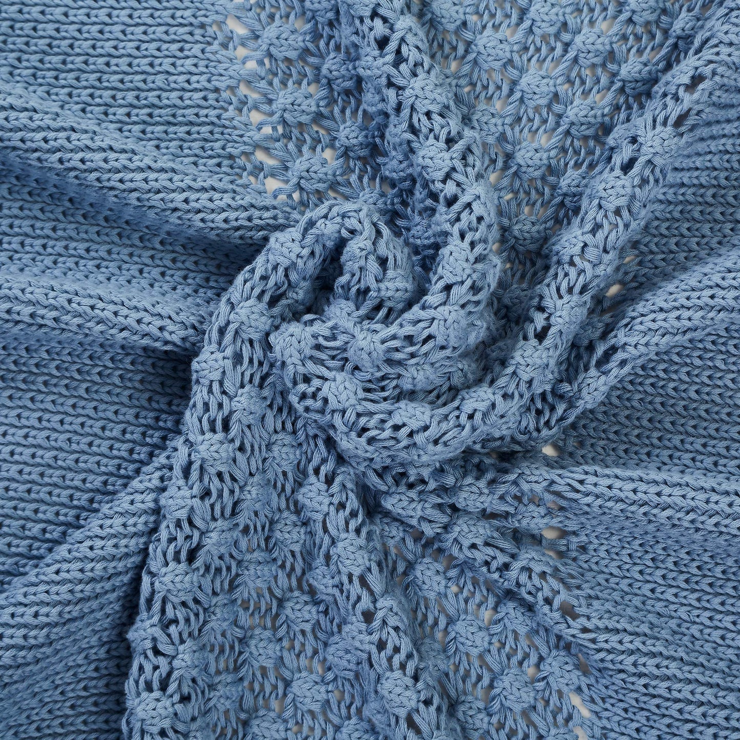100% Cotton Cable Knit Throws Popcorn Stitch with Border Blue