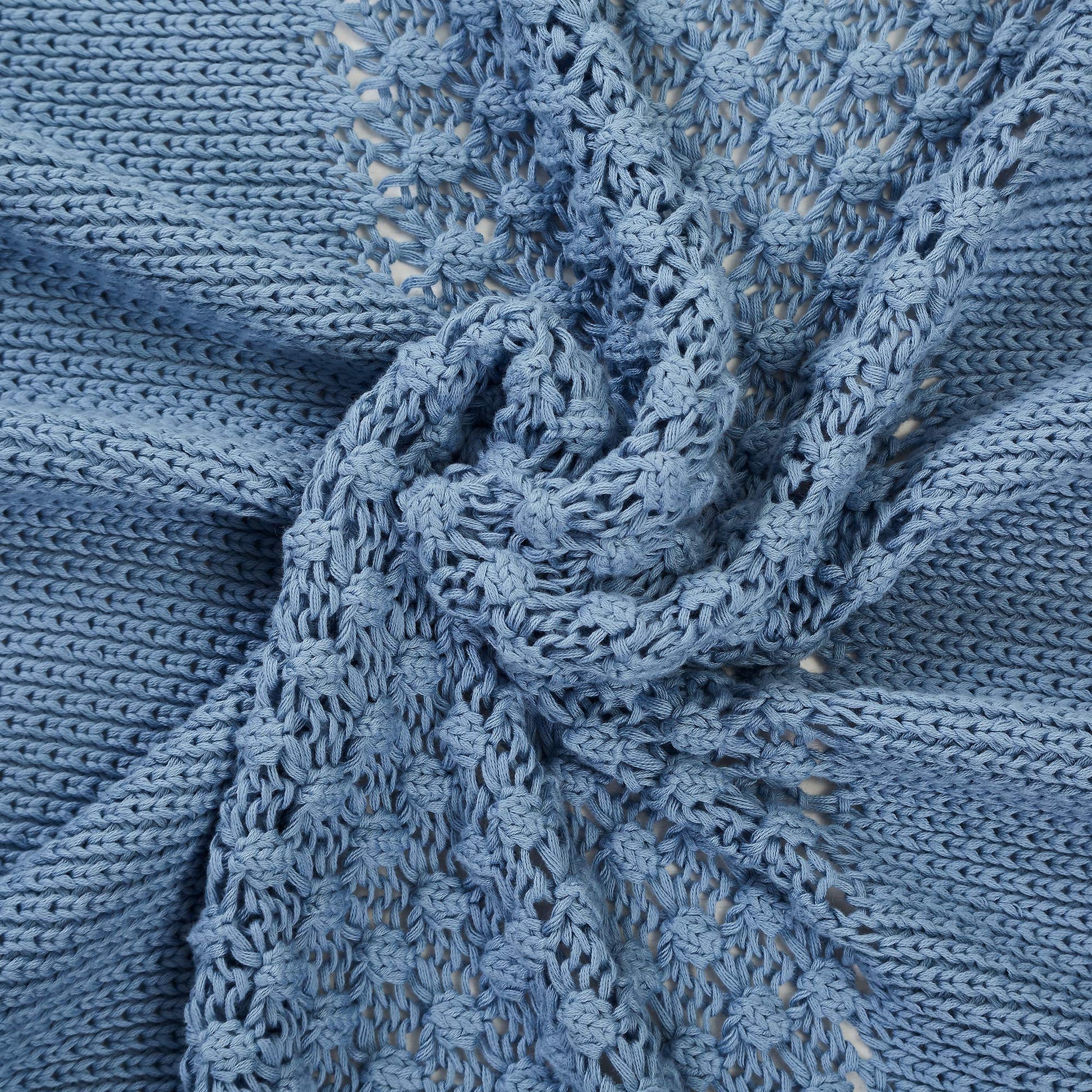 100% Cotton Cable Knit Throws Popcorn Stitch with Border Blue