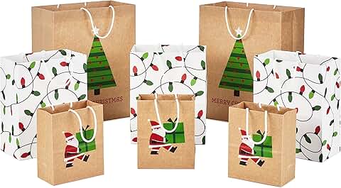 Set of 8 Recyclable Kraft Christmas Gift Bags for Kids