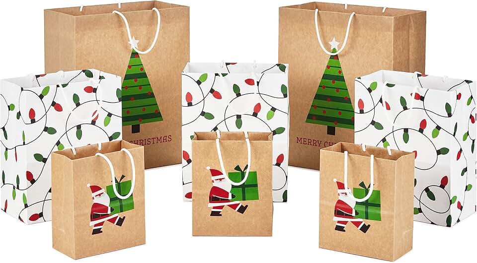 Set of 8 Recyclable Kraft Christmas Gift Bags for Kids