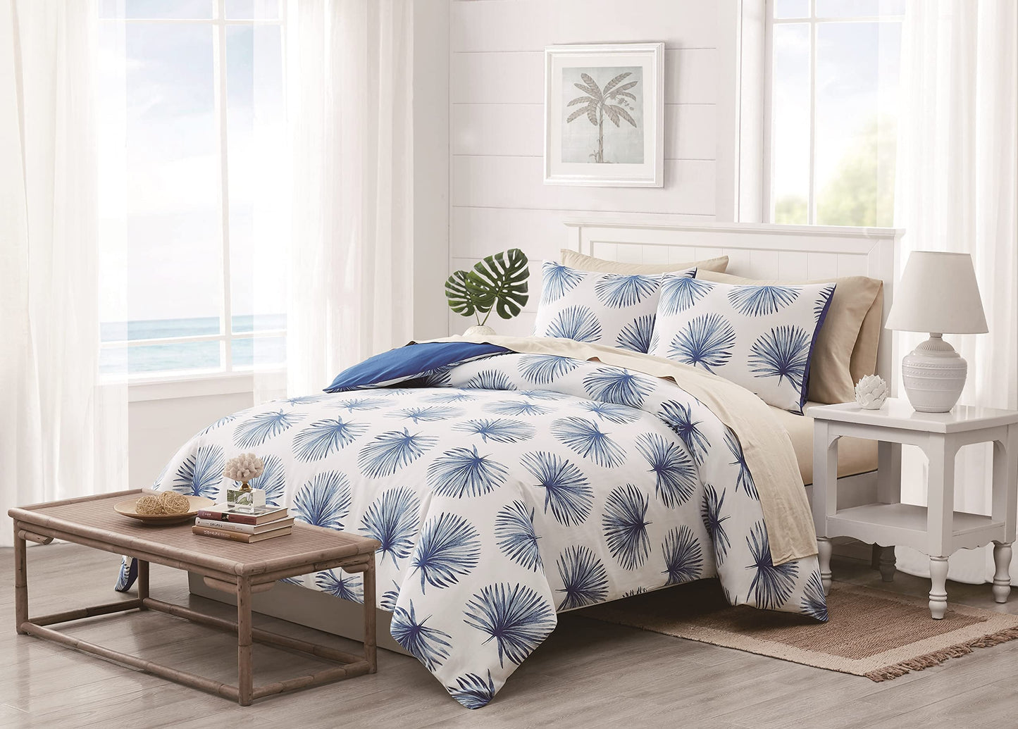 Summer Palm, Full/Queen, White/Blue