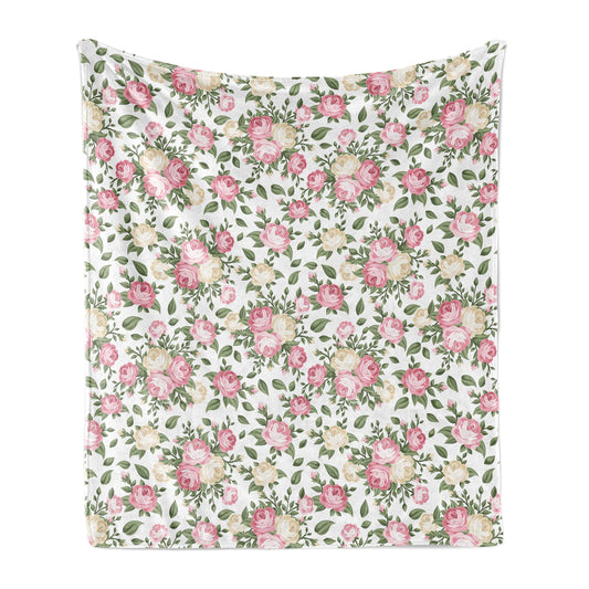 Flower Throw Blanket, Roses Rosebuds Leaves Bouquet Flower Arrangements Bridal Victorian Style, Flannel Fleece Accent Piece Soft Couch Cover for Adults, 50" x 60", White Pink