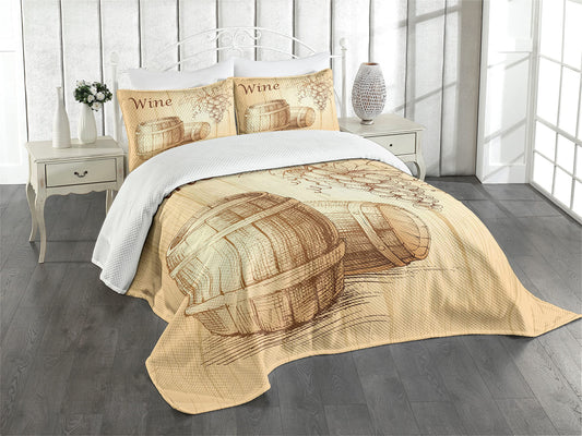 Wine Bedspread, Wooden Barrels and Bunch of Grapes on Wood Backdrop Botany Harvest Theme Artwork, Decorative Quilted 3 Piece Coverlet Set with 2 Pillow Shams, King Size, Brown Peach