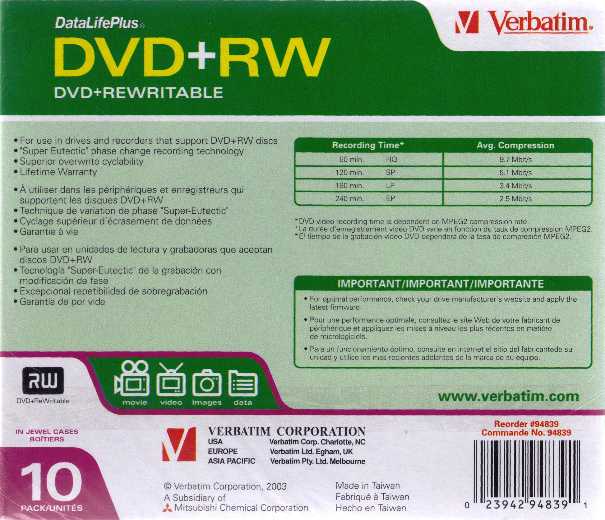 VER94839 - DVD+RW 4.7GB 4X with Branded Surface - 10pk Jewel Case
