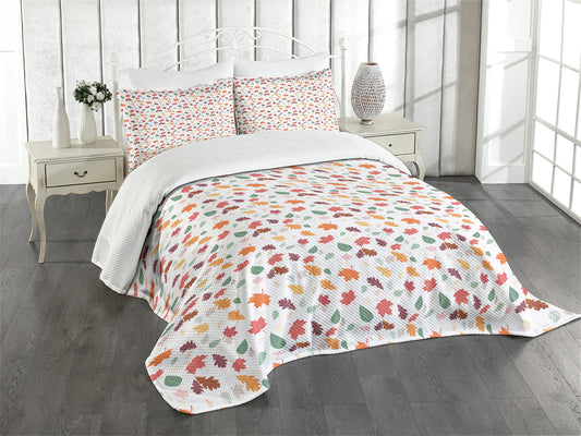 Fall Leaves Bedspread, Hand Dr n Leaves Pattern Autumn Shades October Vibes and Floral, Decorative Quilted 3 Piece Coverlet Set with 2 Pillow Shams, Queen Size, Maroon Teal
