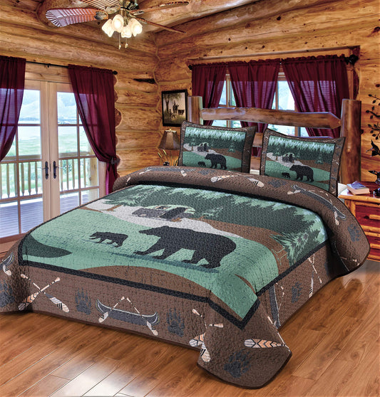 Bear RV Park Quilt Queen Set 90" x 90" Rustic Lodge Cabin Country RV Trailer Casual Style Dcor Bedding Set