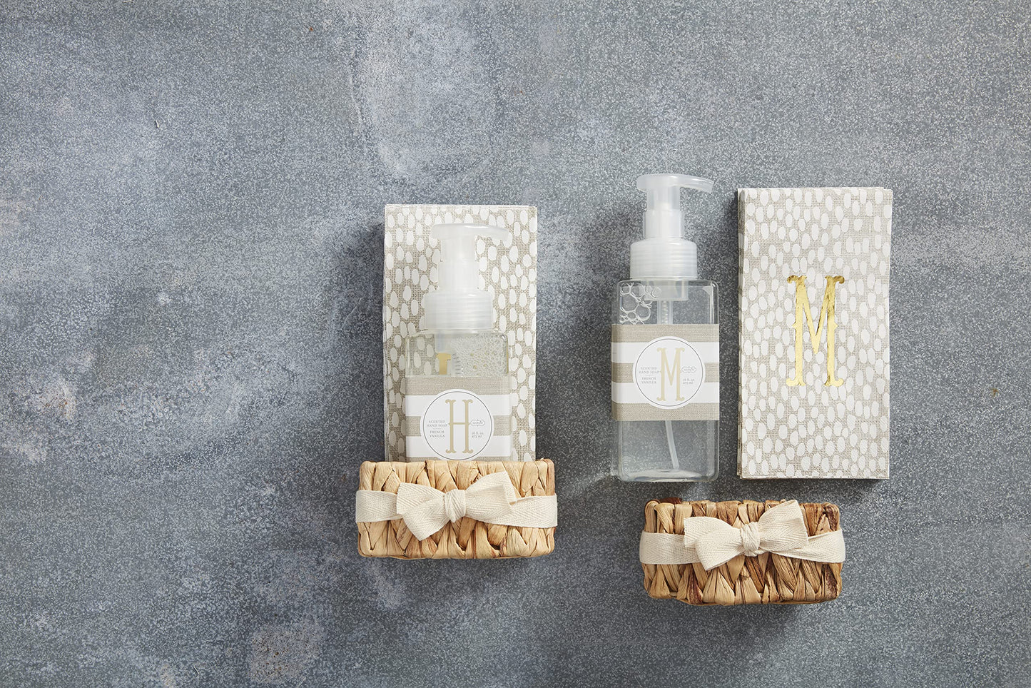  Letter G Initial French Vanilla Scented Hand Soap  Towel Basket Set, soap 17 oz  Napkins 7 3/4" x 4" 2 1/2" x 4 1/4" x 3 1/2"