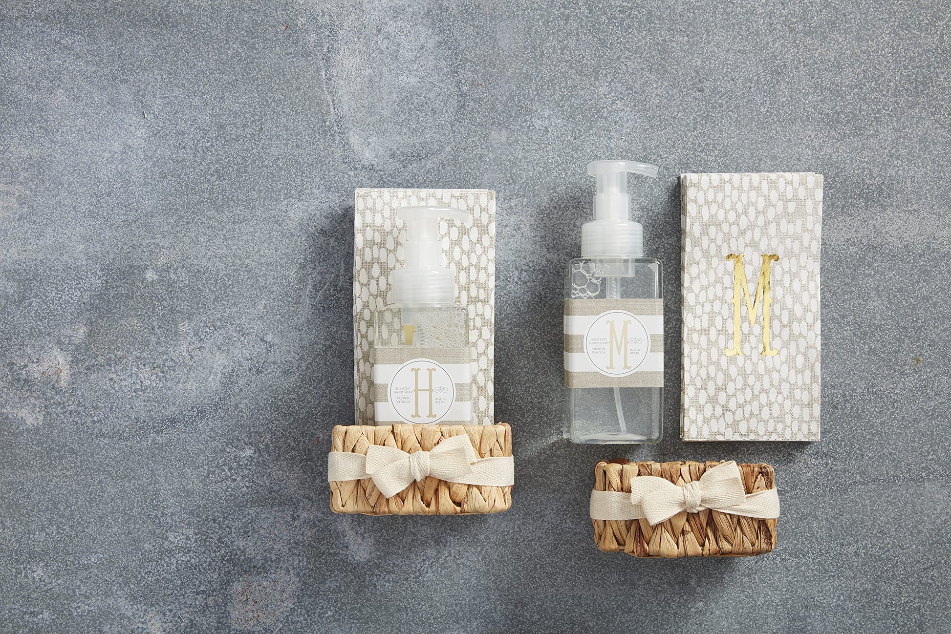  Letter G Initial French Vanilla Scented Hand Soap  Towel Basket Set, soap 17 oz  Napkins 7 3/4" x 4" 2 1/2" x 4 1/4" x 3 1/2"