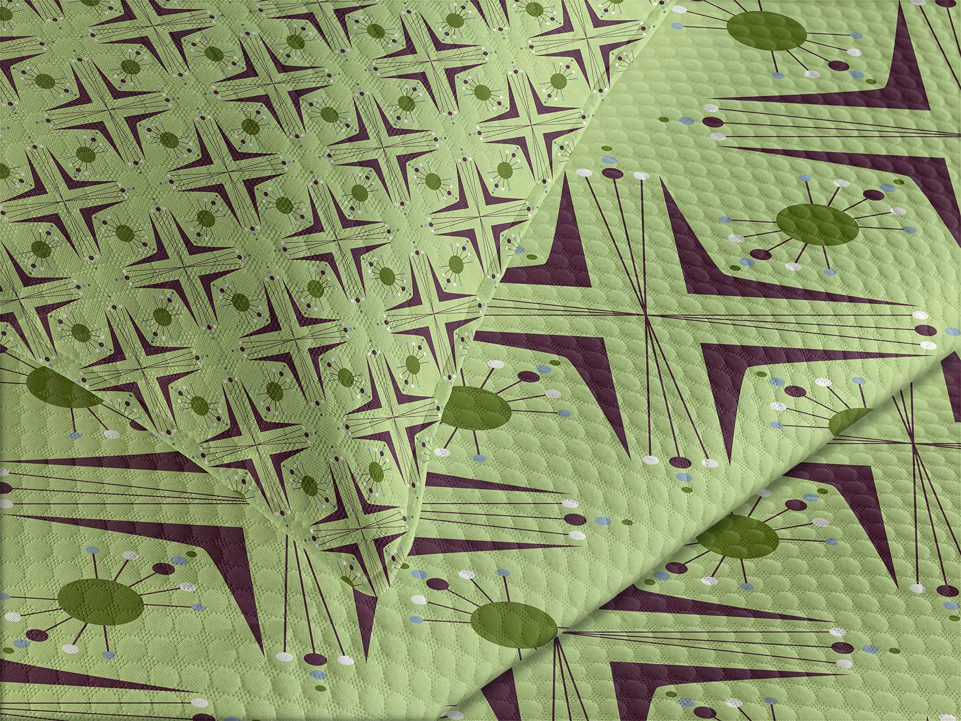 Mid Century Bedspread, Atomic Form Boomerang Details Dots and Crossed Lines, Decorative Quilted 3 Piece Coverlet Set with 2 Pillow Shams, Queen Size, Green Plum
