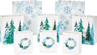 White Christmas Gift Bags with Wreaths, Snowflakes, and Trees