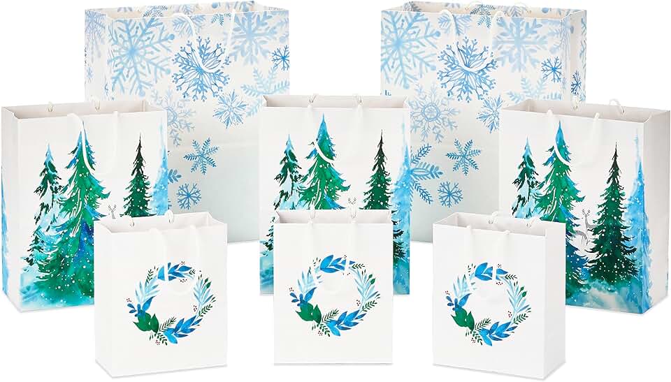 White Christmas Gift Bags with Wreaths, Snowflakes, and Trees