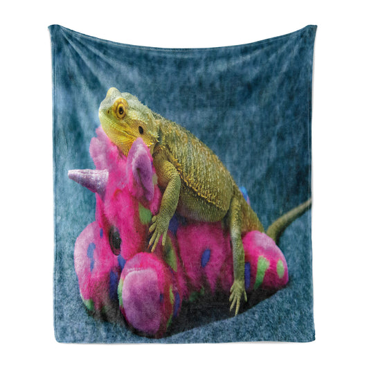 Bearded Dragon Throw Blanket, Photo of Unicorn Fluffy Befriending Exotic Wild Lizard Reptilian Print, Flannel Fleece Accent Piece Soft Couch Cover for Adults, 50" x 60", Multicolor
