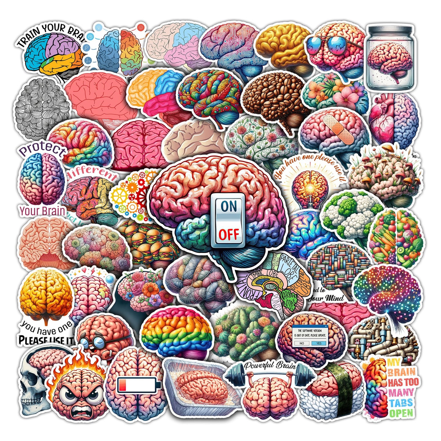 50 Colorful Brain Stickers for Water Bottles and More