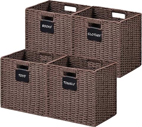 Set of four foldable wicker storage baskets with handles