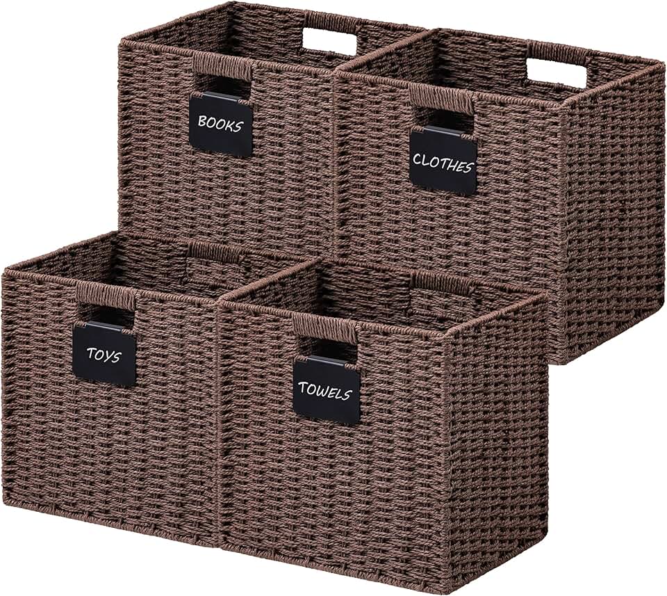 Set of four foldable wicker storage baskets with handles