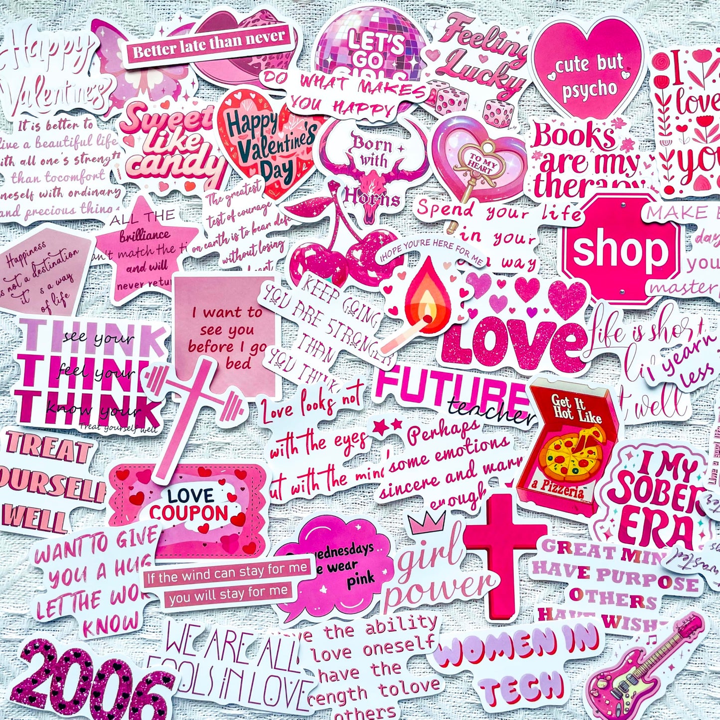 50 Pink Aesthetic Quote Stickers for Decor and Crafts